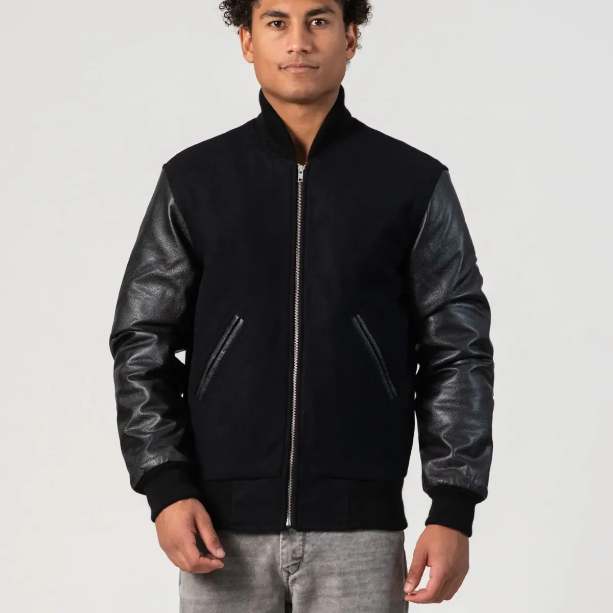 Black Melton Wool Body & Cowhide Leather Sleeves Jacket with Zipper