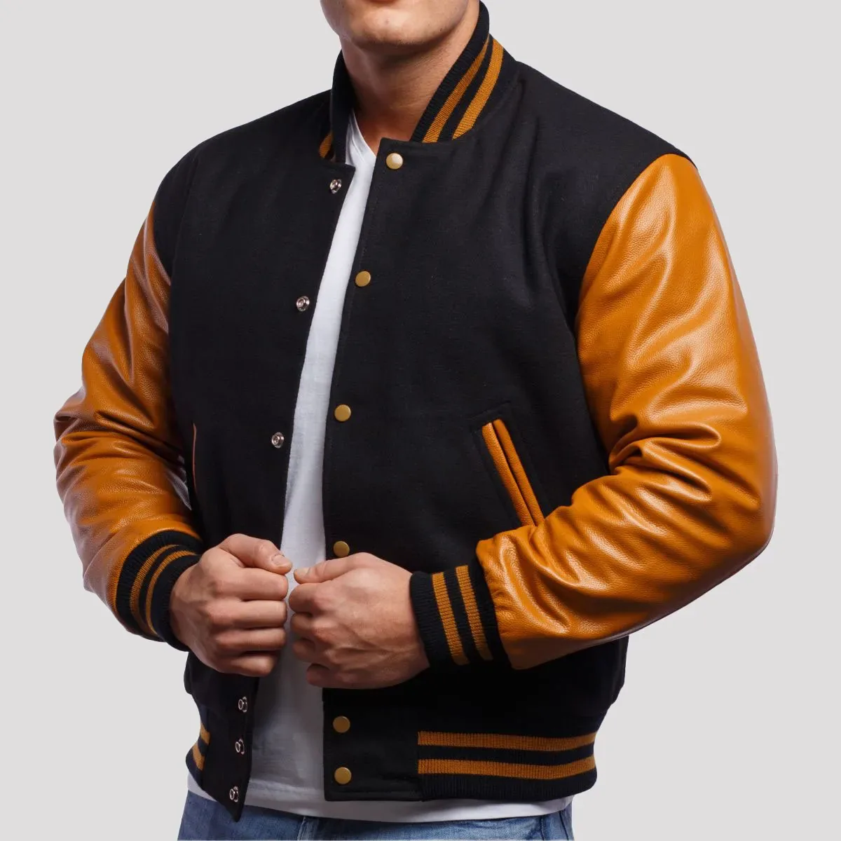 Black Wool & Old Gold Genuine Leather Varsity Letterman Jacket