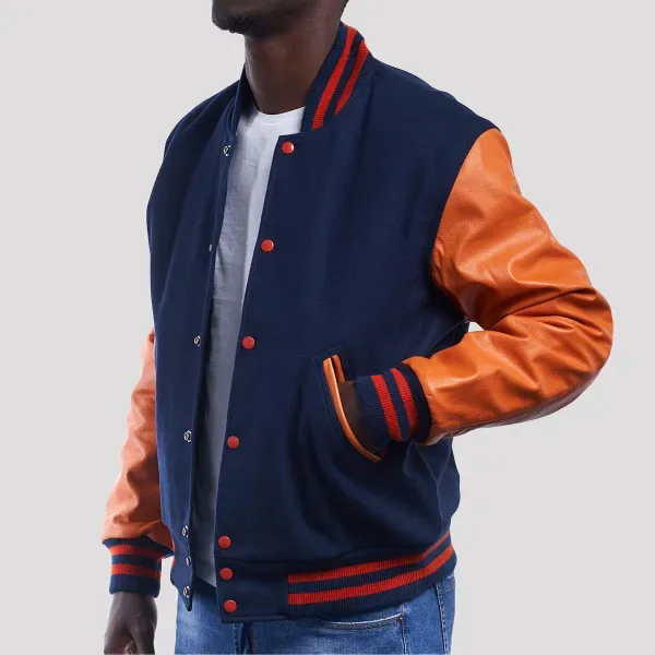 Royal Wool Body & Orange Leather Sleeves Letterman Jacket