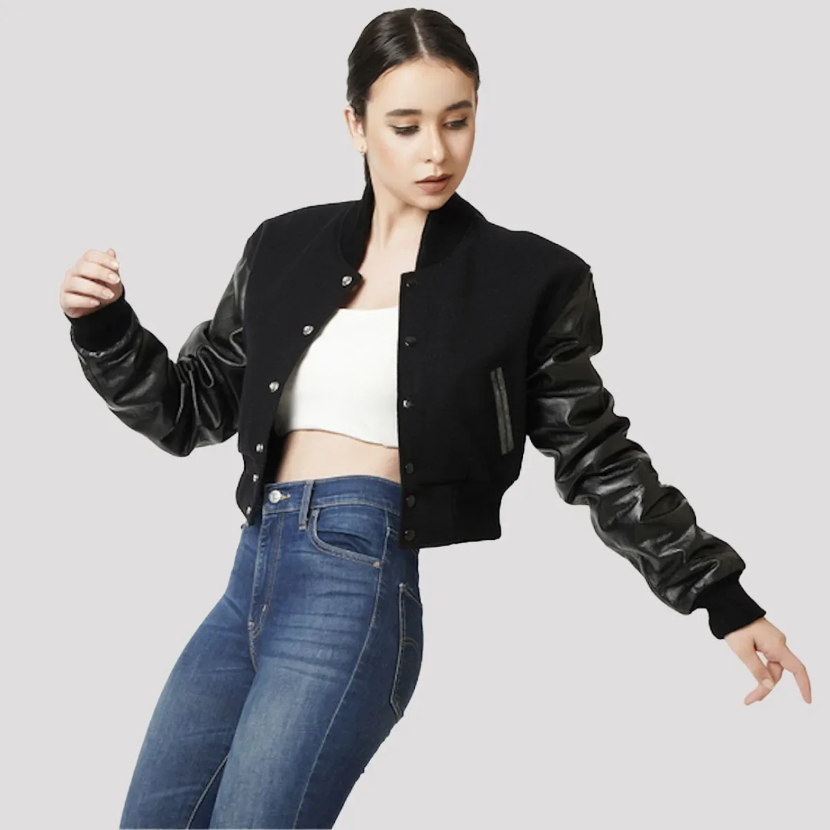 Black Wool & Black Leather Letterman Crop Top Jacket in Black