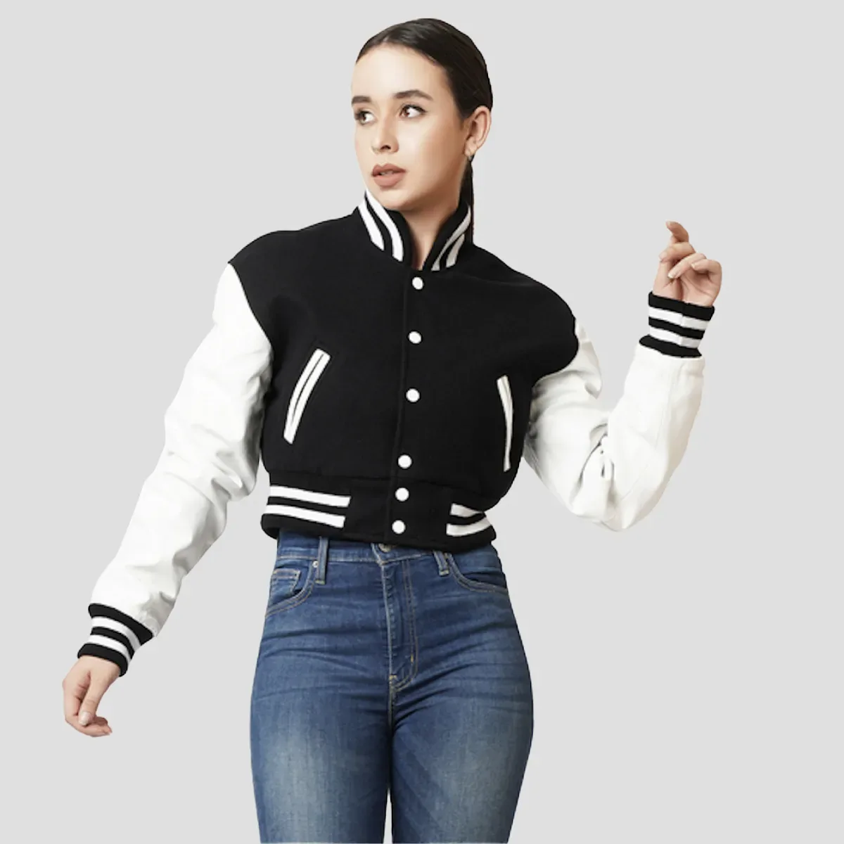 Black Wool & Bright White Leather Letterman Crop Top Jacket in Black / White sleeves
