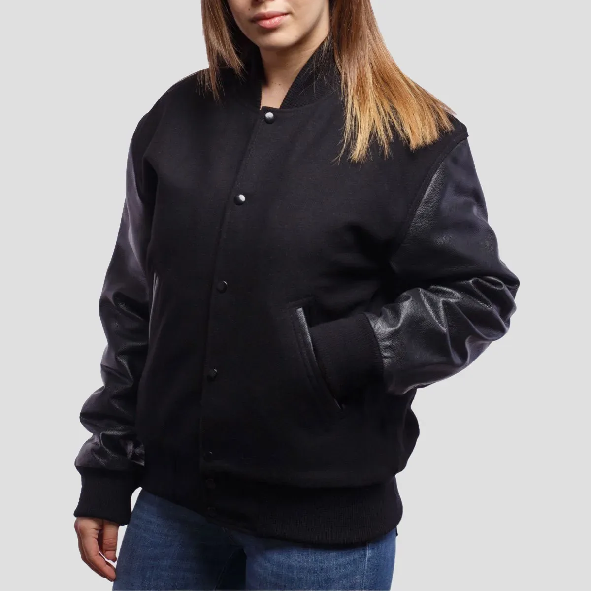Black Wool Body & Black Leather Sleeves Letterman Jacket in Black