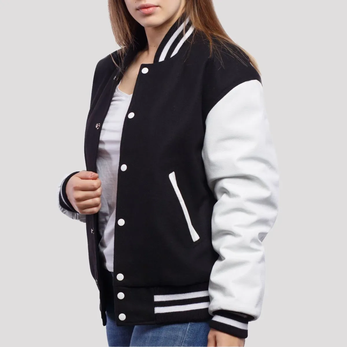 Black Wool Body & Bright White Leather Sleeves Letterman Jacket in Black / White sleeves