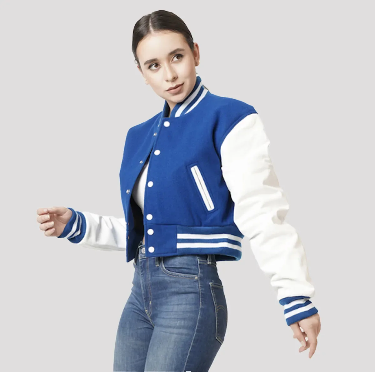 Bright Royal Blue & White Letterman Crop Top Jacket in Royal / White sleeves