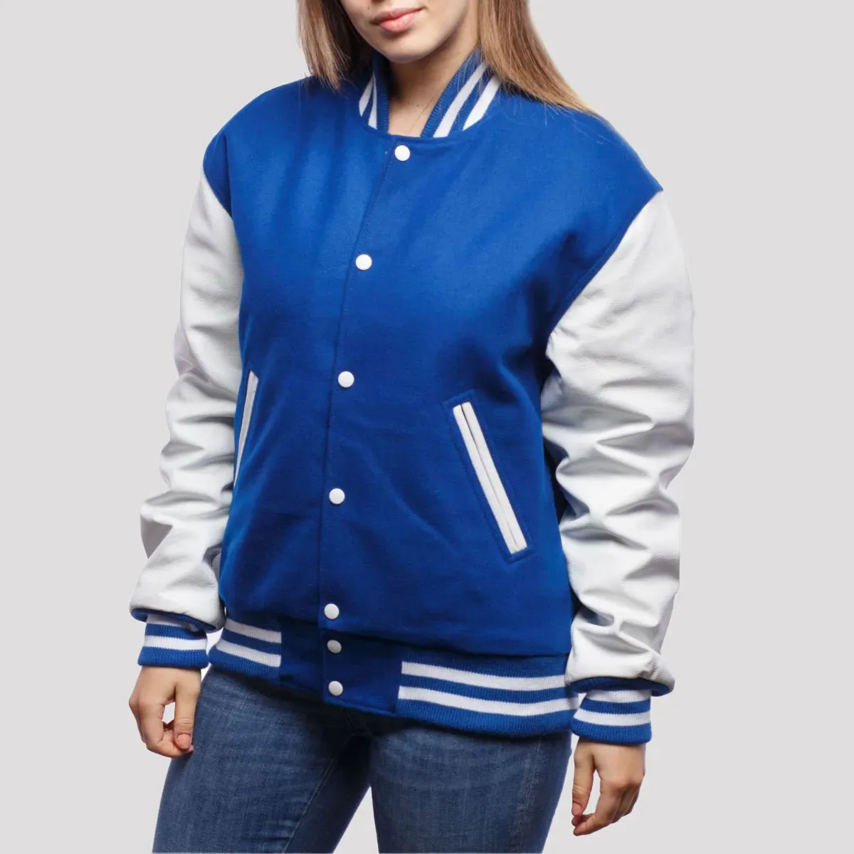 Bright Royal Wool Body & Bright White Leather Sleeves Letterman Jacket in Royal / White sleeves
