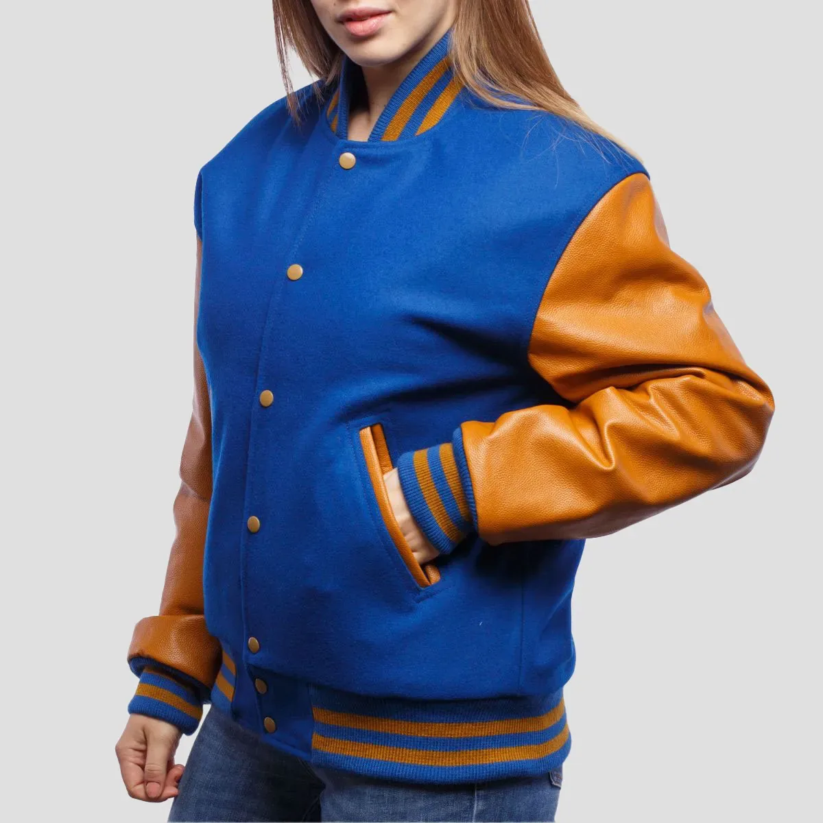 Bright Royal Wool Body & Old Gold Leather Sleeves Letterman Jacket in Royal / Gold sleeves