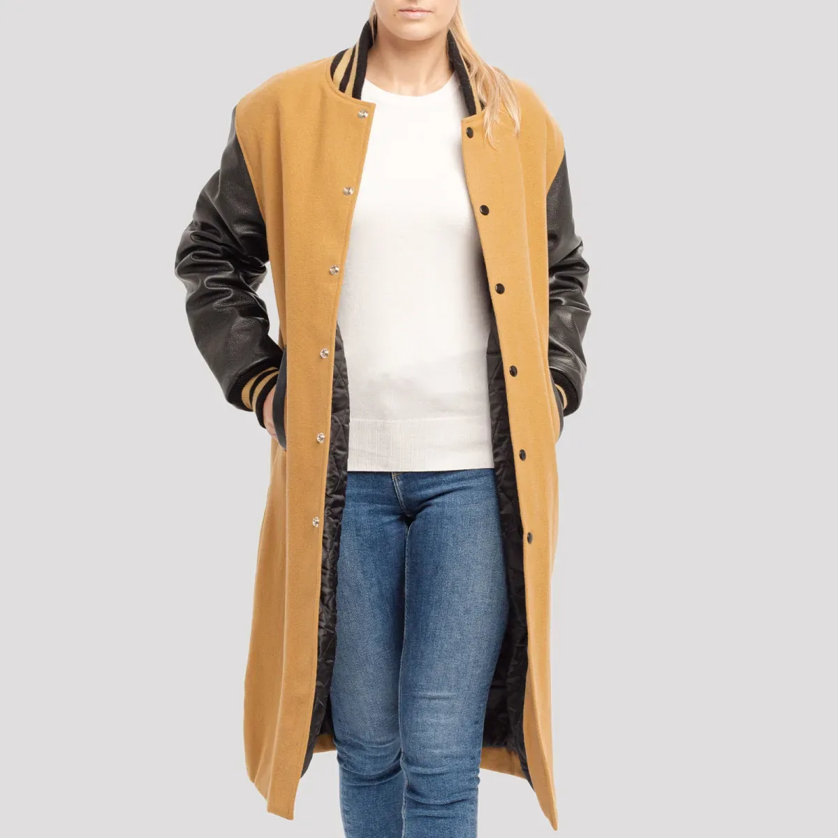 Camel Body & Black Sleeve Letterman Coat in Camel / Black sleeves