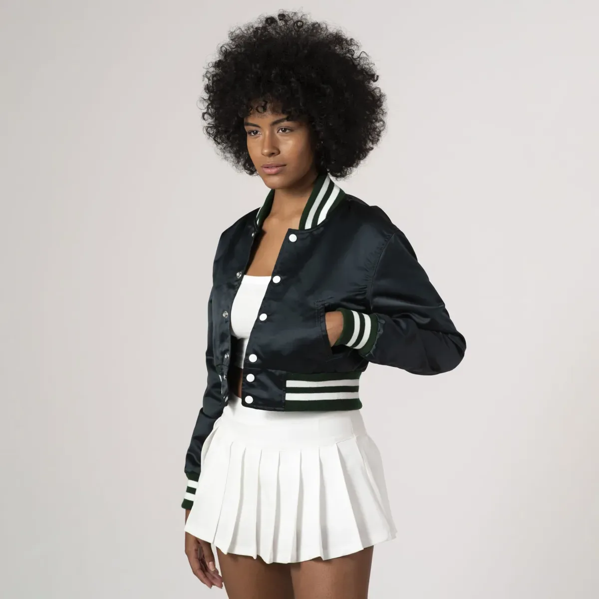 Dartmouth Green Satin Crop Top Jacket in Forest with white stripes