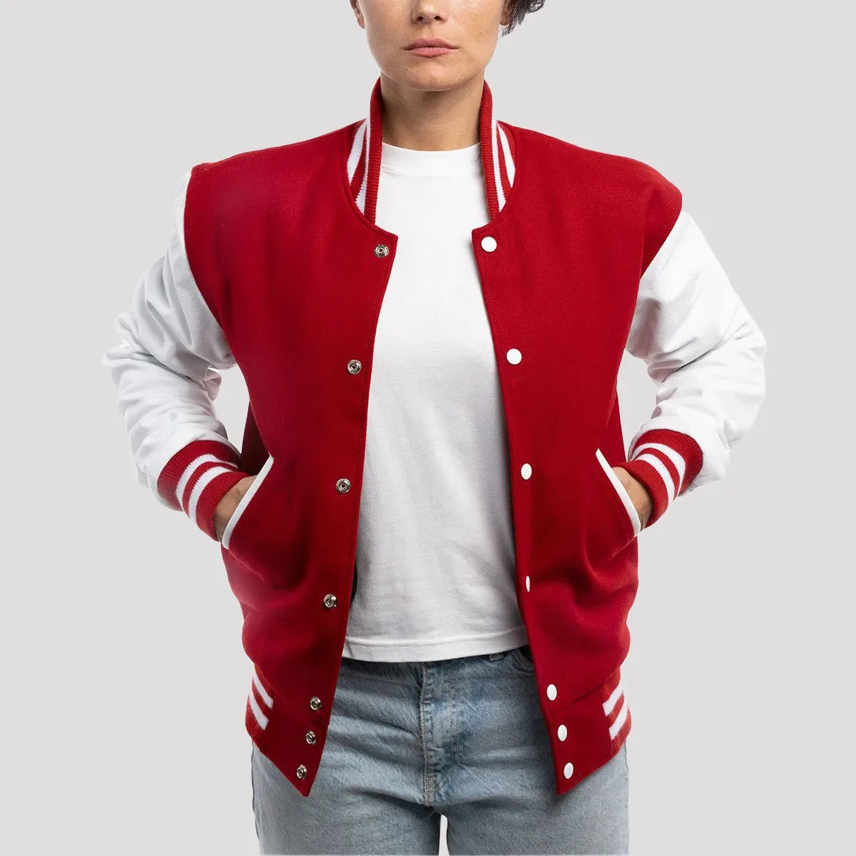JB Cardinal Red Wool Body & Bright White Leather Sleeves Letterman Jacket in Cardinal / White sleeves