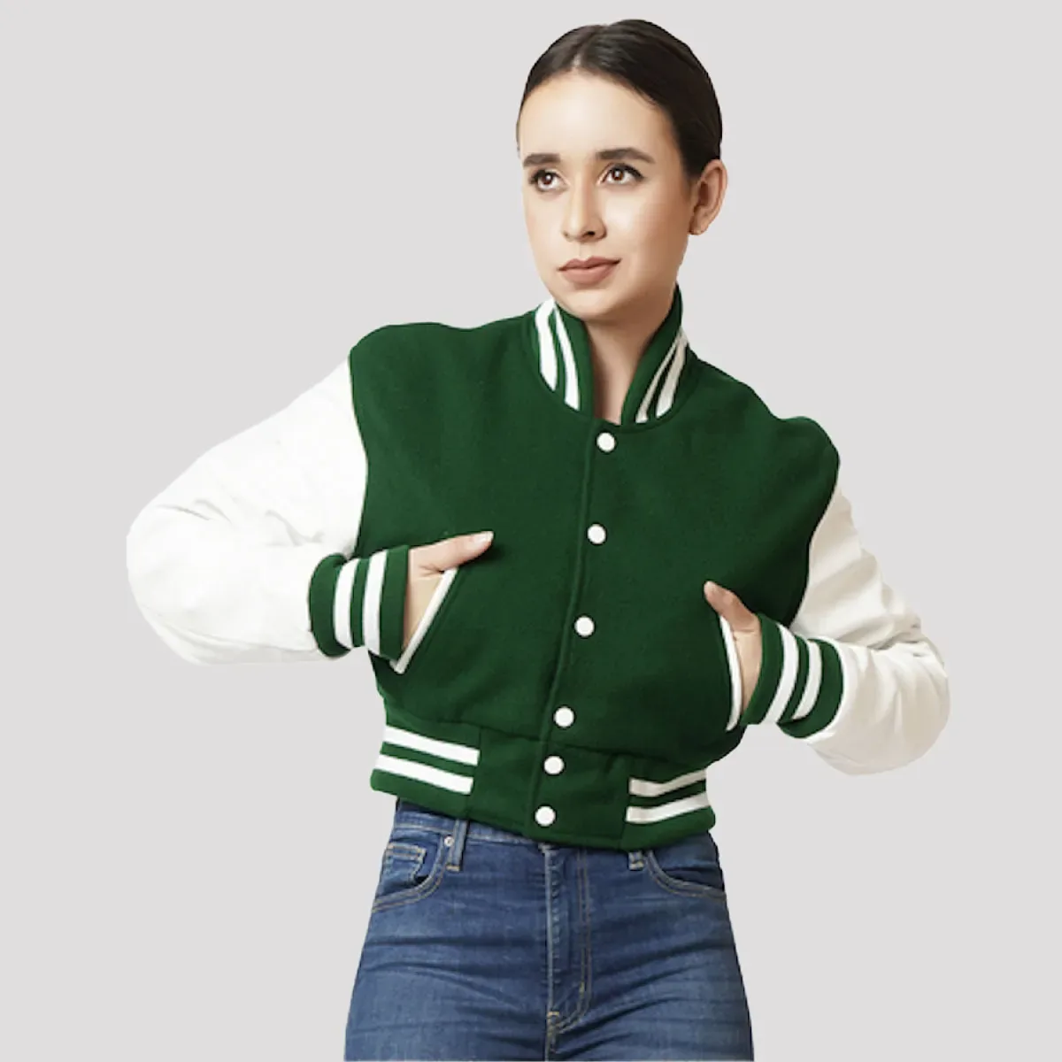 Kelly Green & White Letterman Crop Top Jacket in Kelly / White sleeves