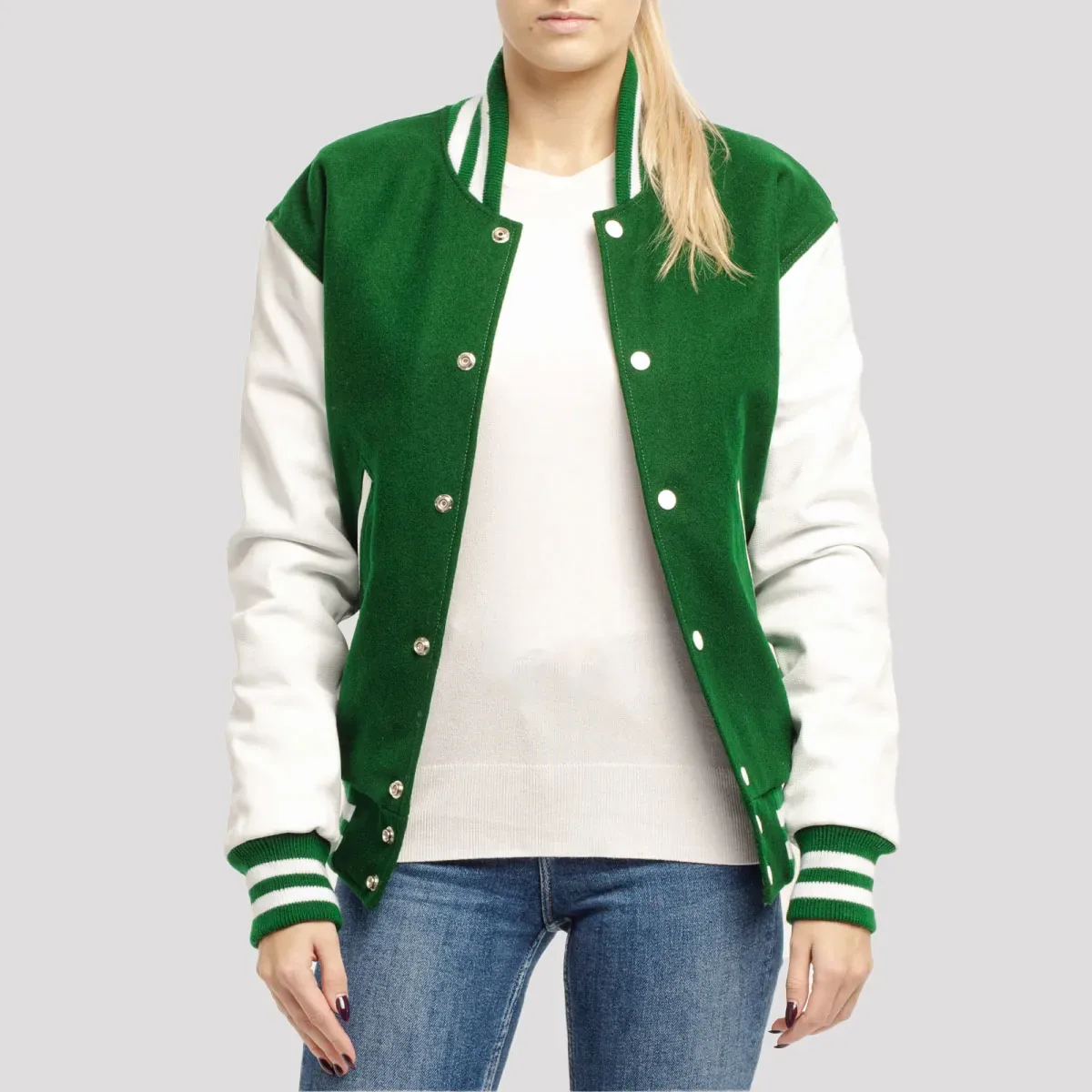 Kelly Green Wool Body & Bright White Leather Sleeves Letterman Jacket in Kelly / White sleeves