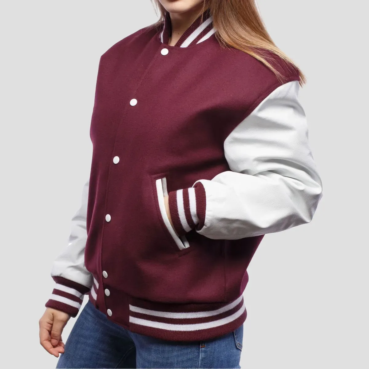 Maroon Wool Body & Bright White Leather Sleeves Letterman Jacket in Maroon / White sleeves