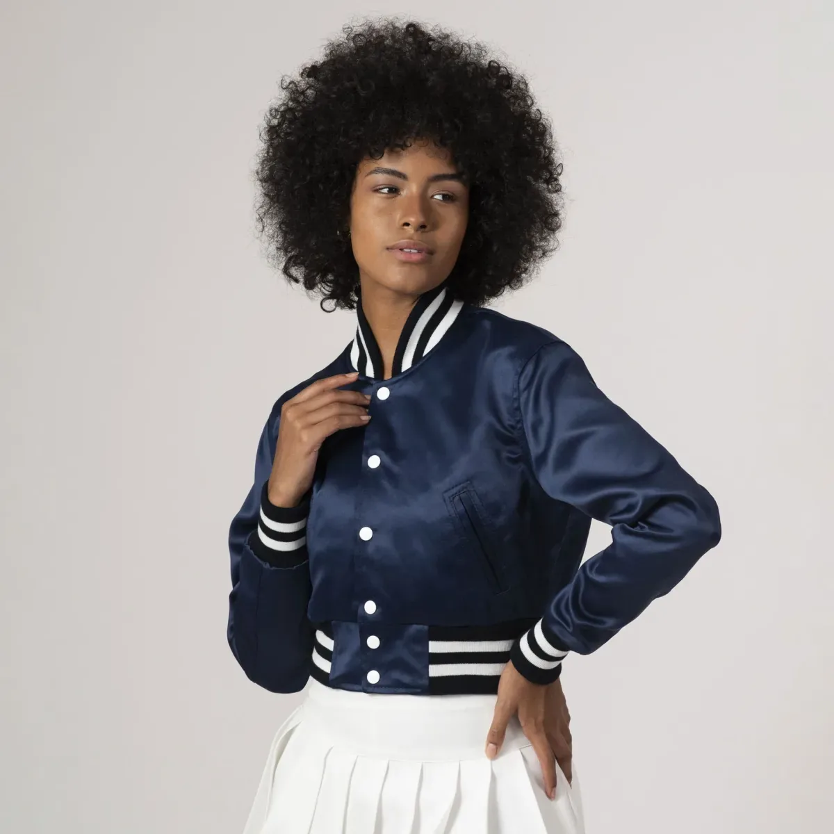 Navy Blue Satin Crop Top Jacket in Navy with white stripes