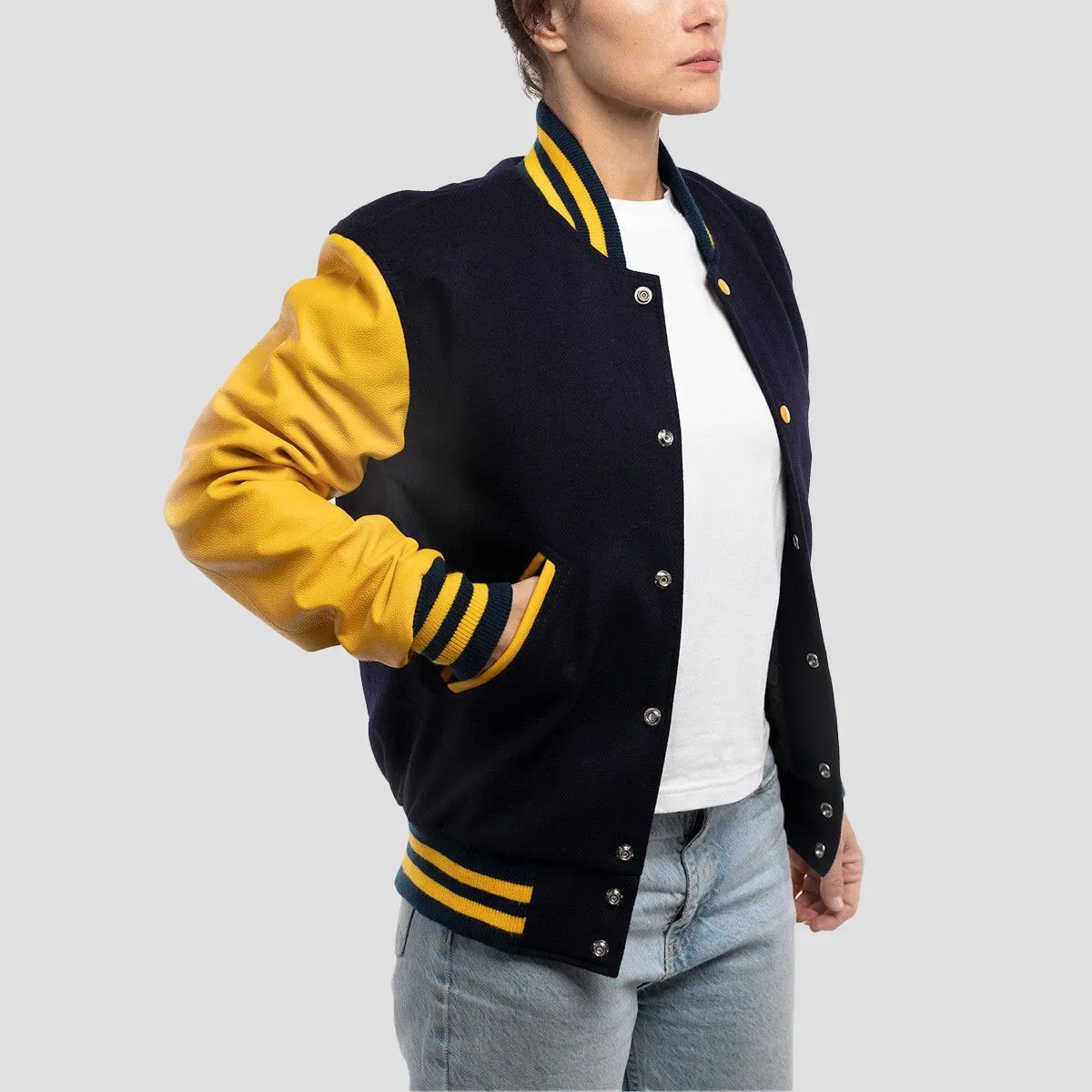 Navy Blue Wool Body & Lemon Leather Sleeves Letterman Jacket in Navy / White sleeves