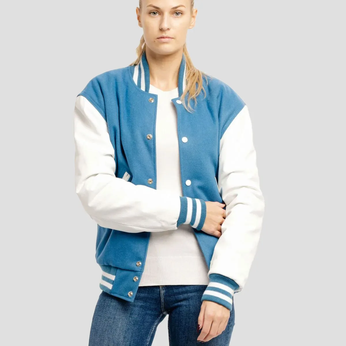 Newark Blue Wool Body & Bright White Leather Sleeves Letterman Jacket in Royal / White sleeves