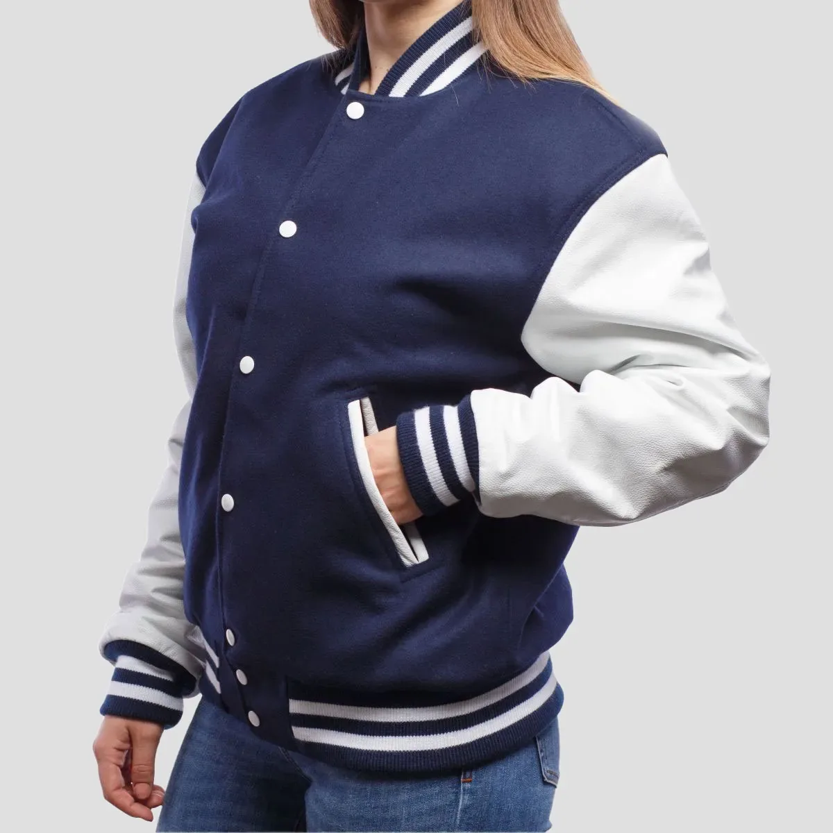 Royal Blue Wool Body & Bright White Leather Sleeves Letterman Jacket in Royal / White sleeves