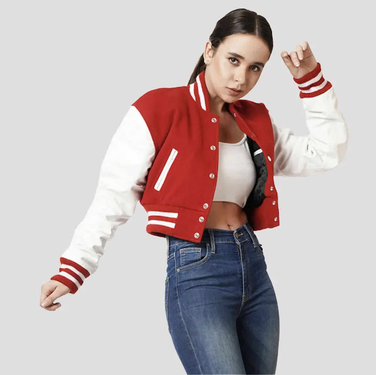 Scarlet Red & White Crop Top Letterman Jacket in Scarlet / White sleeves