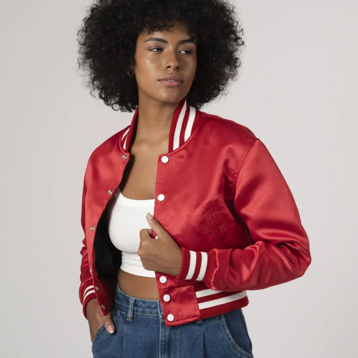 Scarlet Red Satin Crop Top Jacket in Scarlet with white stripes