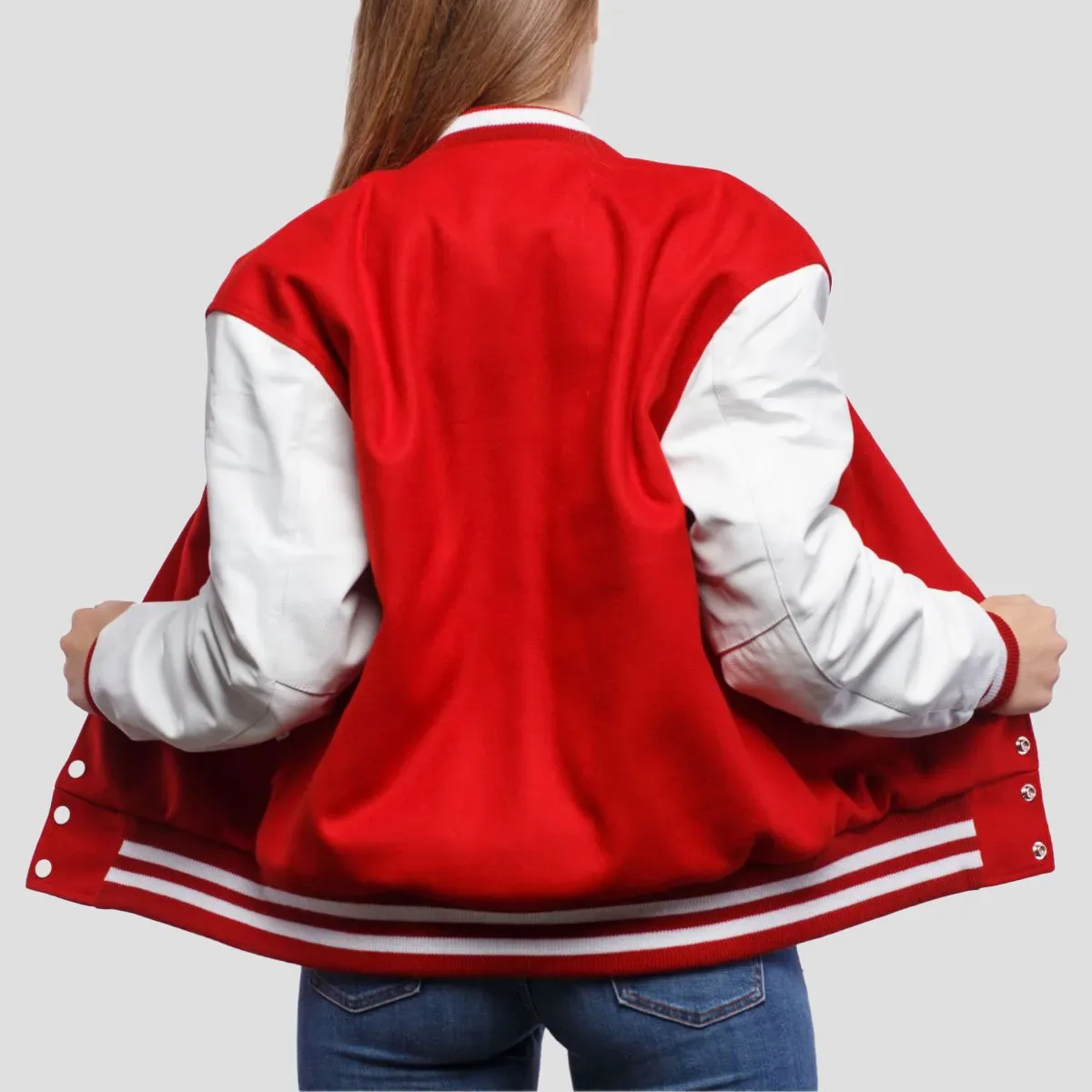 Scarlet Wool Body & Bright White Leather Sleeves Letterman Jacket in Scarlet / White sleeves